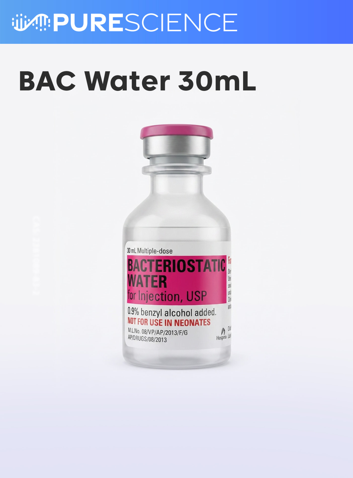 BAC Water 30mL research vial, research use only