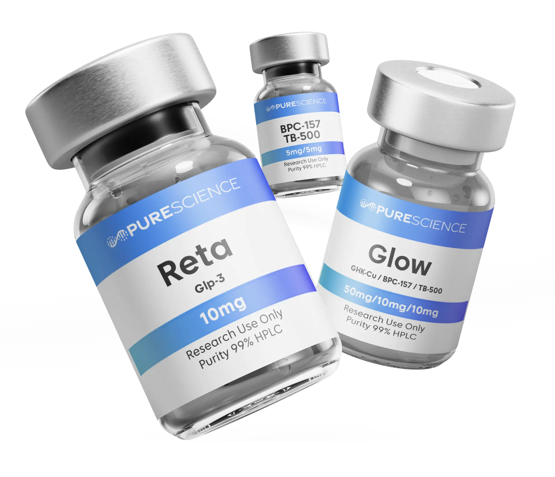 Three lyophilized research peptide vials with sealed aluminum caps