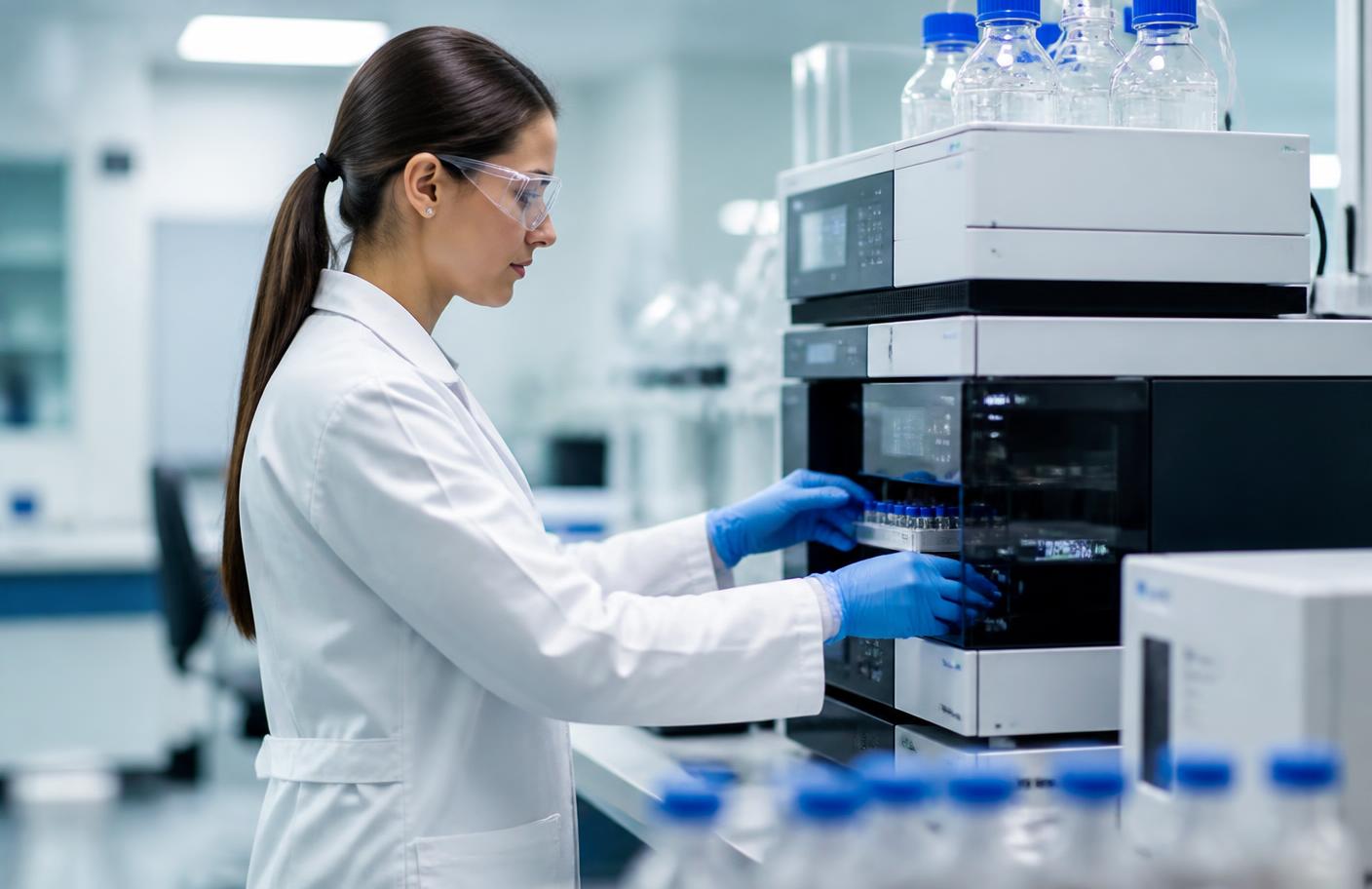 Third-party laboratory analyst preparing HPLC samples