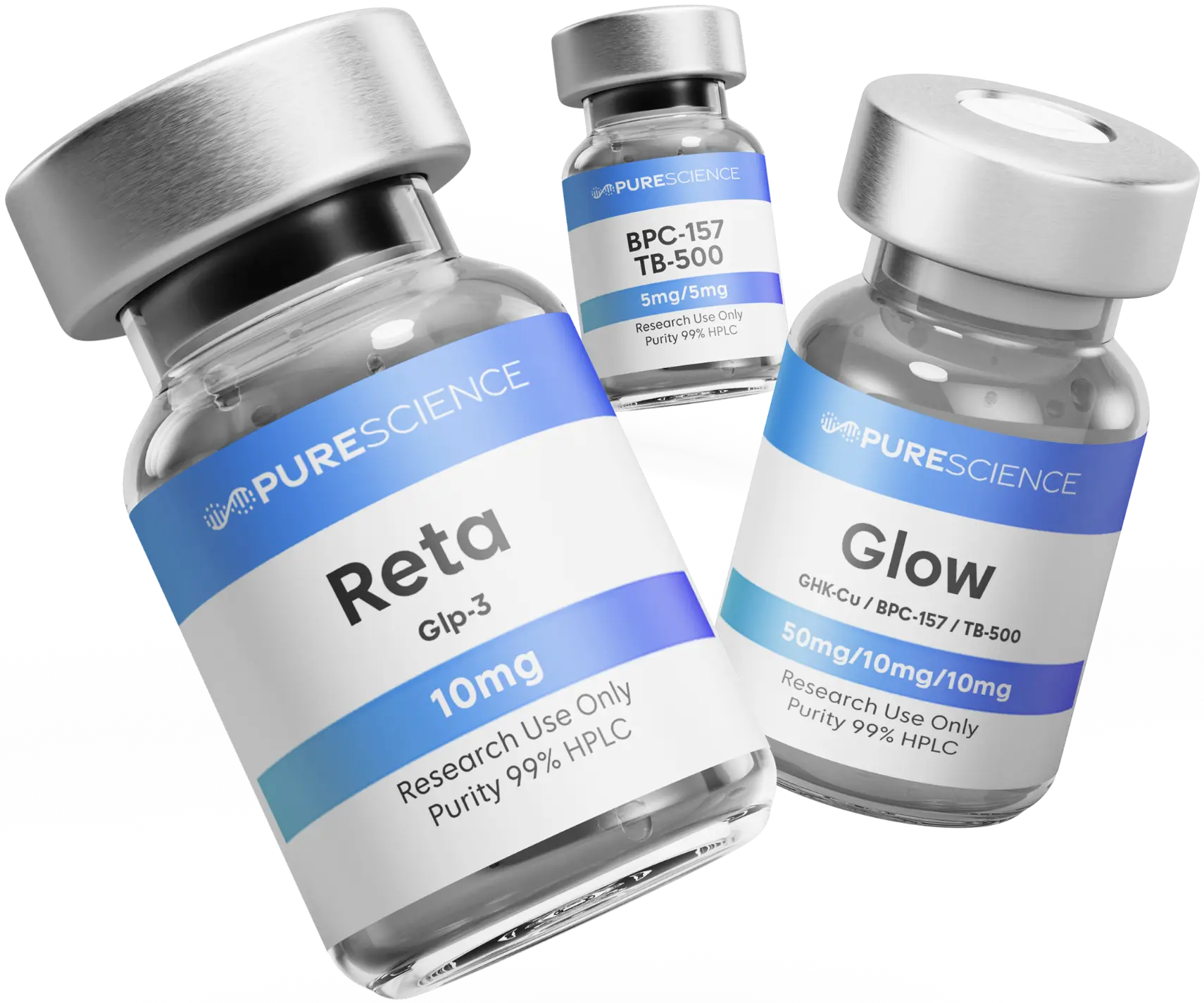 Three lyophilized research peptide vials with sealed aluminum caps